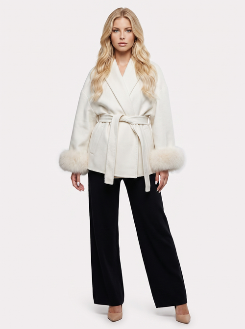 Women white wool blend wrap jacket with shawl collar, tie belt and faux fur cuffs, front view
