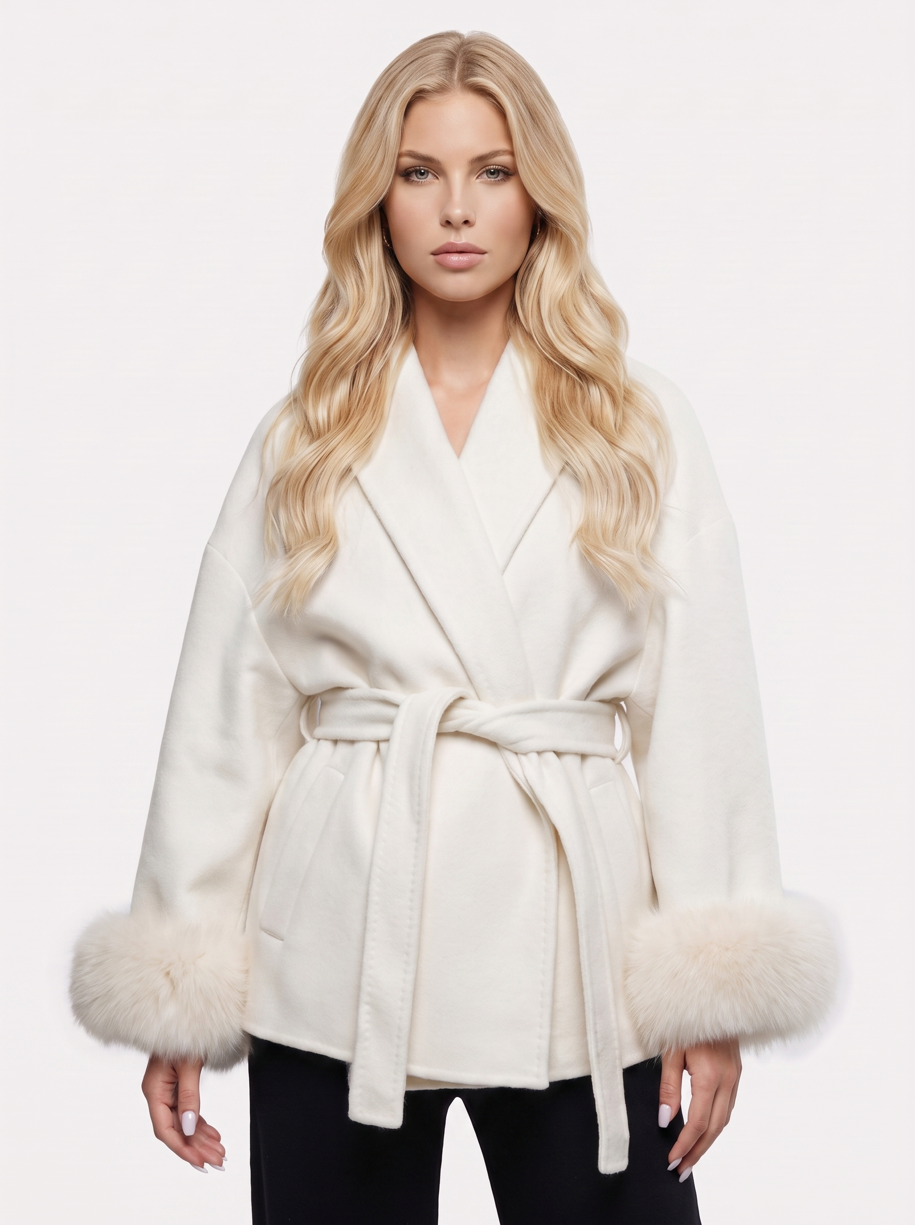 Women white wool blend wrap jacket with shawl collar, tie belt and faux fur cuffs, front detail