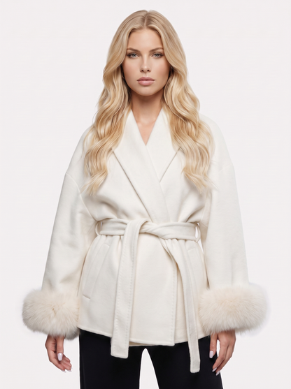 Women white wool blend wrap jacket with shawl collar, tie belt and faux fur cuffs, front detail
