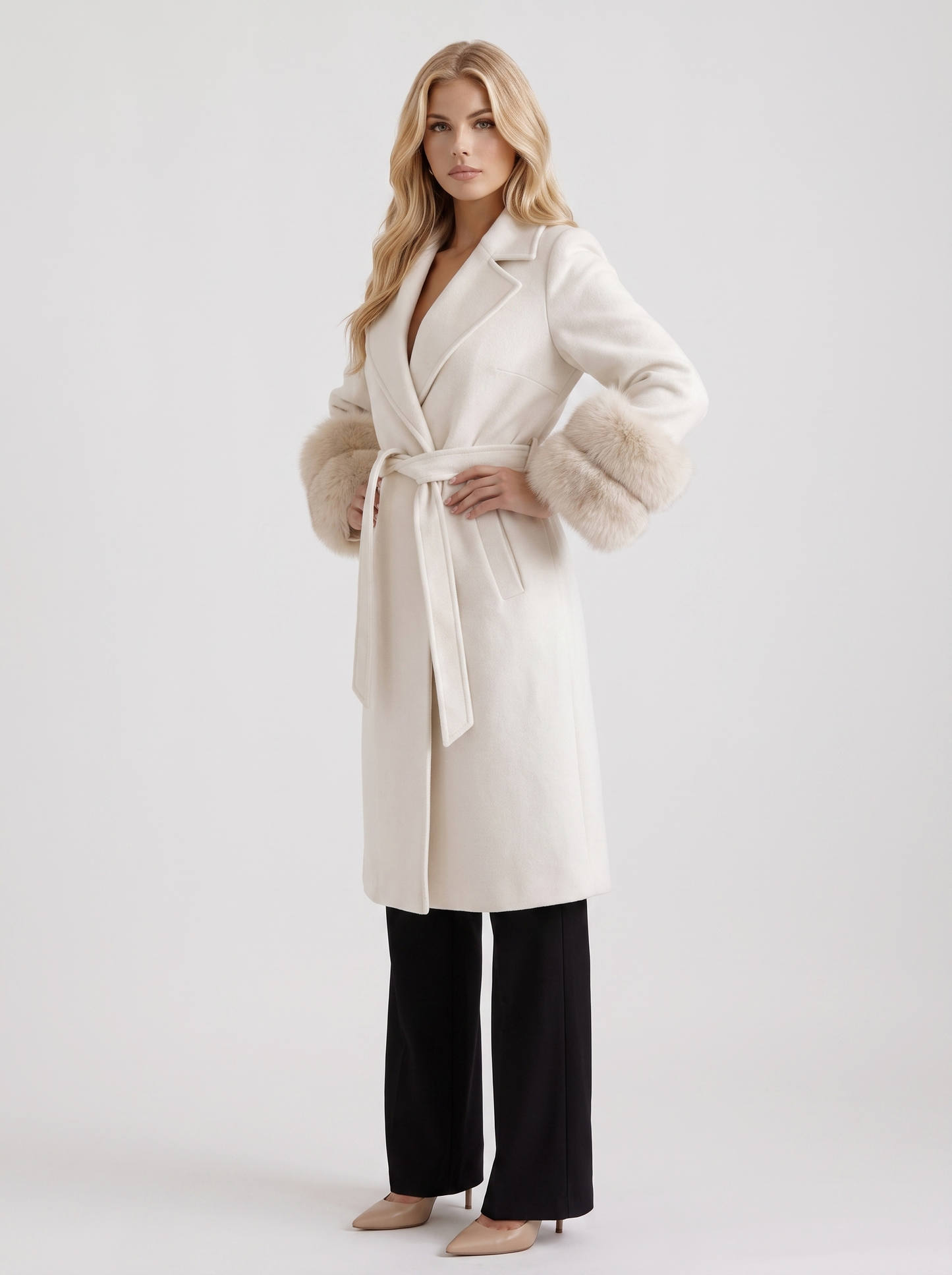 Women white wool blend wrap jacket with shawl collar, tie belt and faux fur cuffs, three quarter view