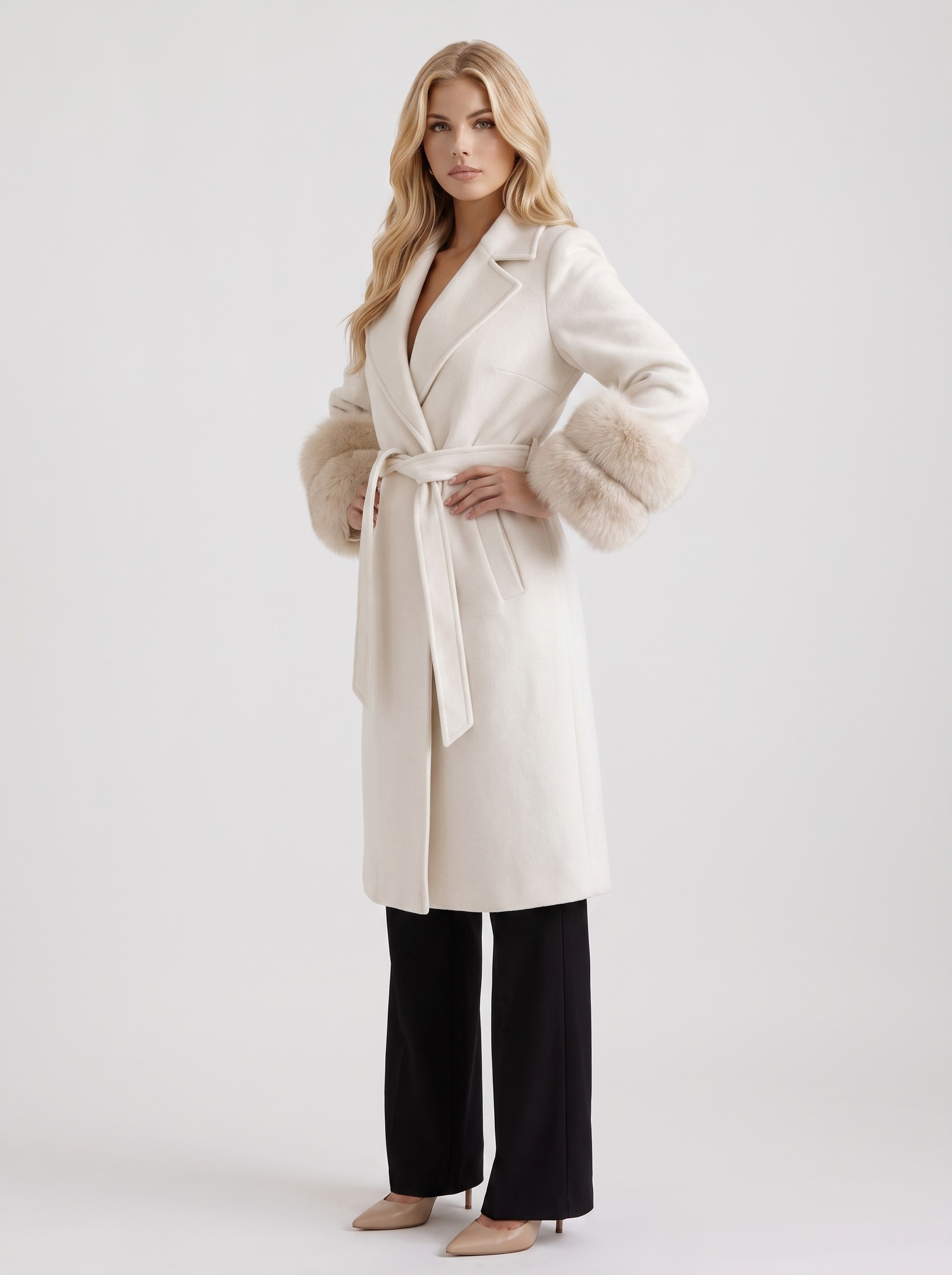 Women white wool blend wrap jacket with shawl collar, tie belt and faux fur cuffs, three quarter view