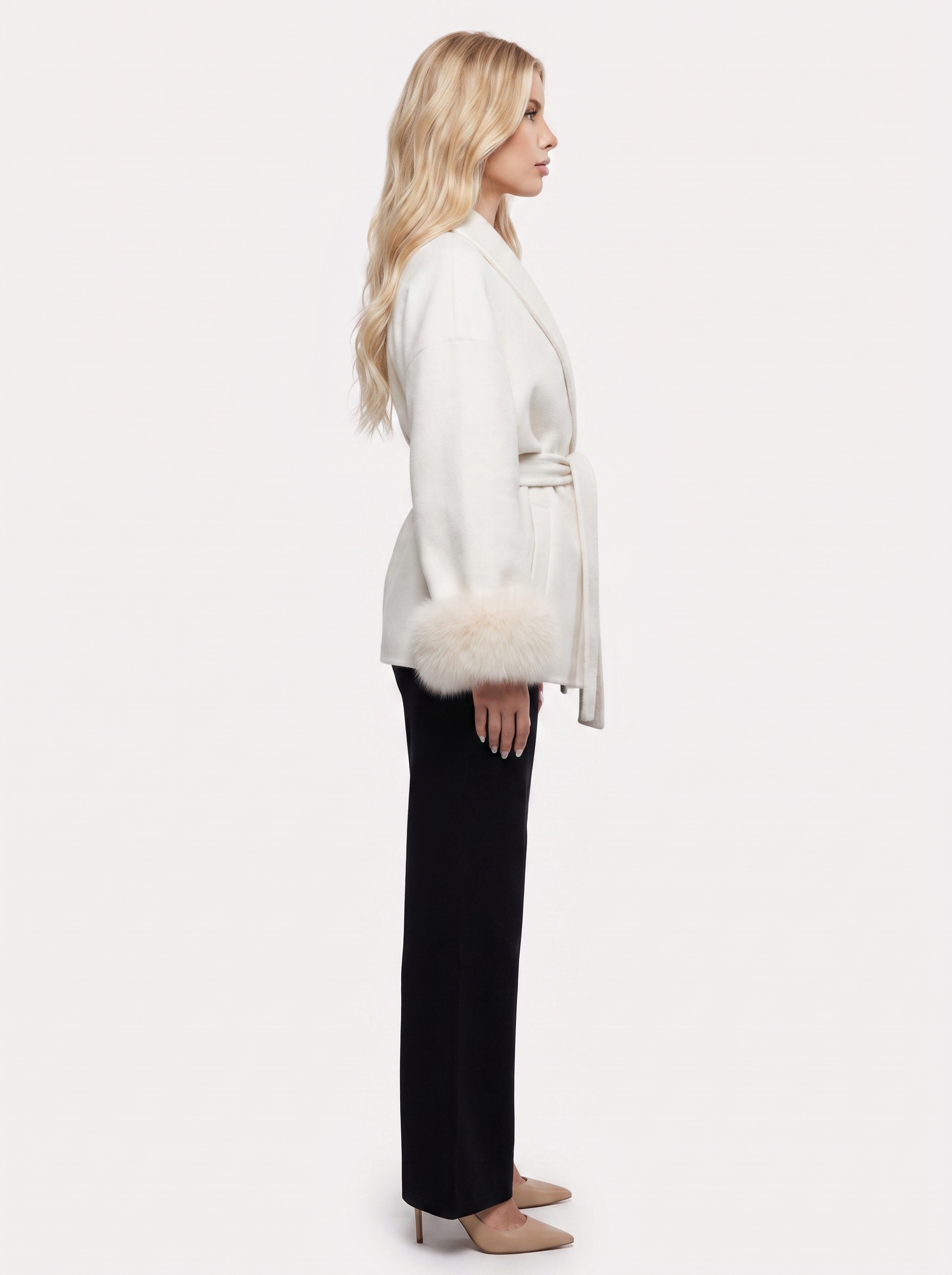 Women white wool blend wrap jacket with shawl collar, tie belt and faux fur cuffs, side view