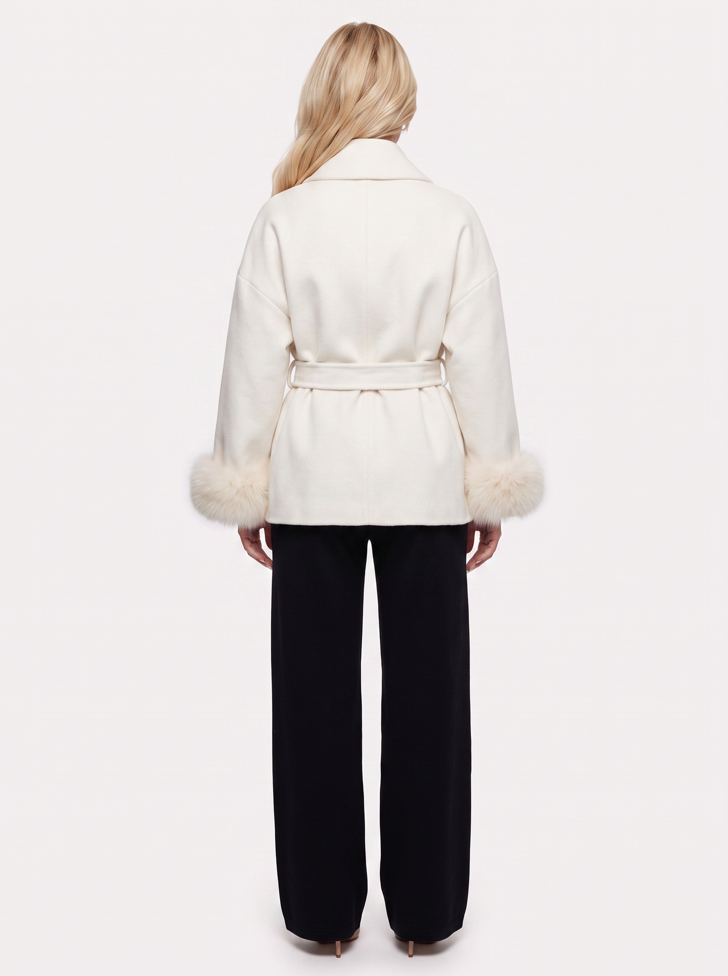 Women white wool blend wrap jacket with shawl collar, tie belt and faux fur cuffs, back view
