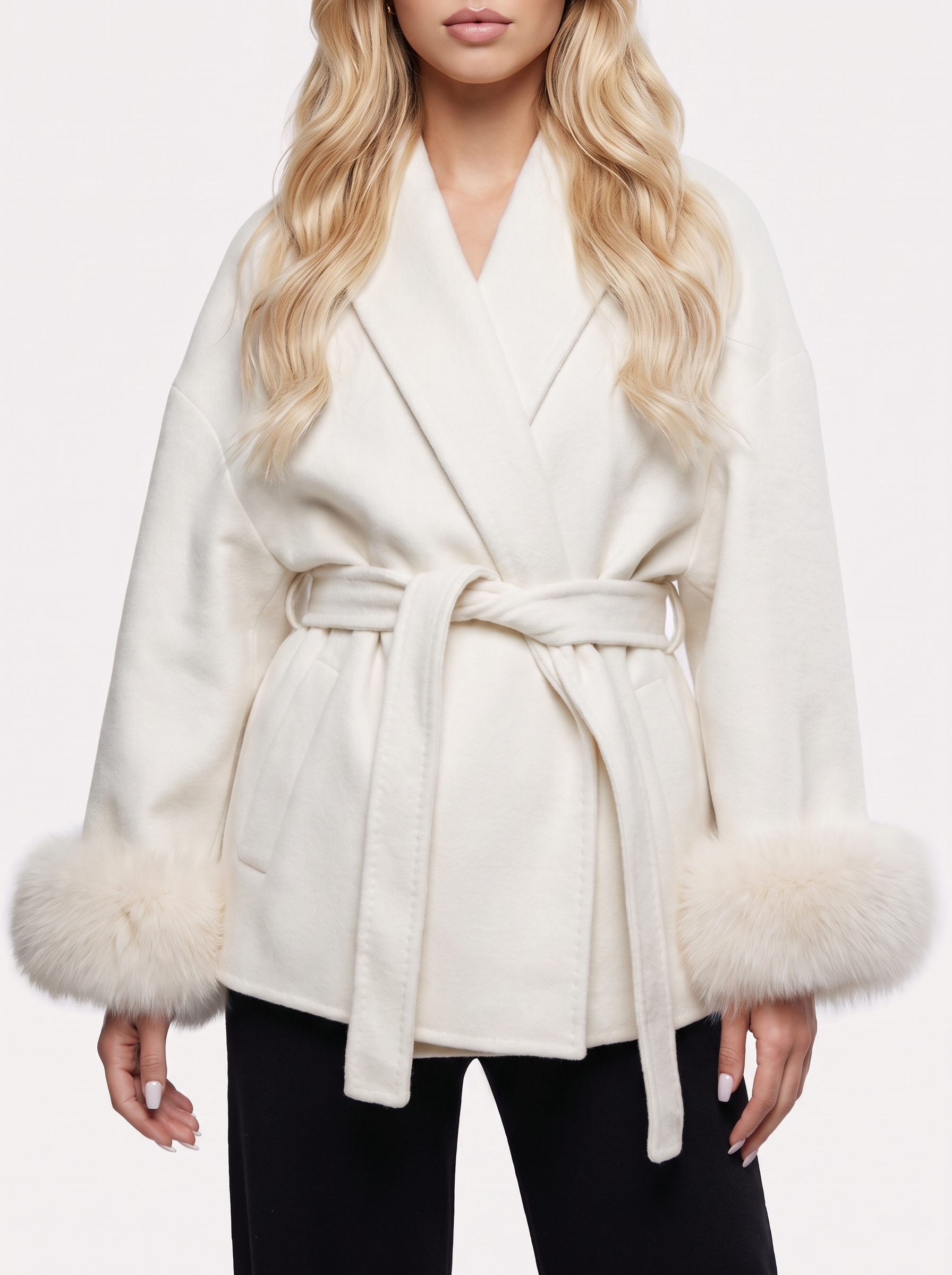 Women white wool blend wrap jacket with shawl collar, tie belt and faux fur cuffs, fabric closeup