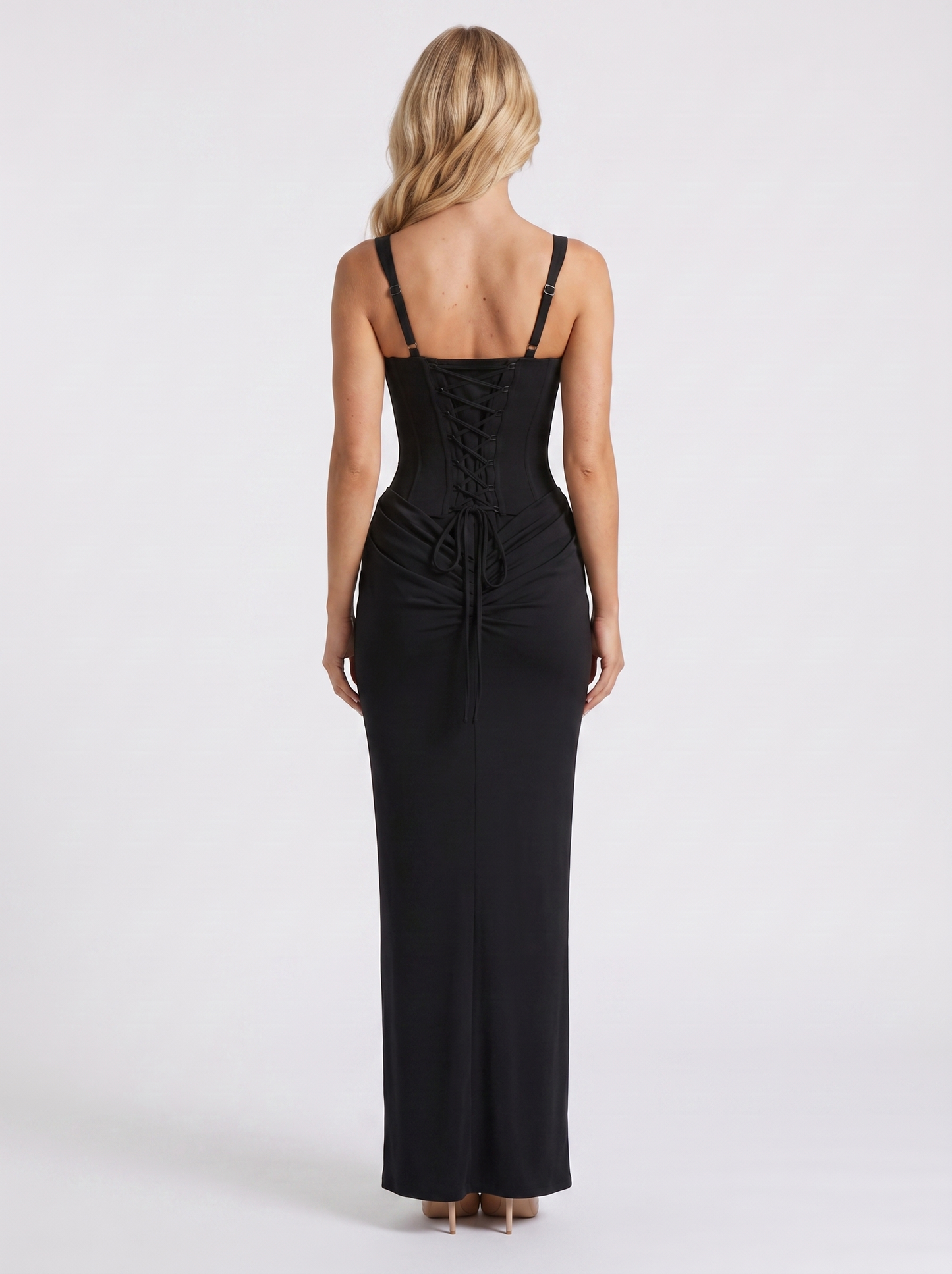 Women black corset maxi dress with square neckline and draped hip