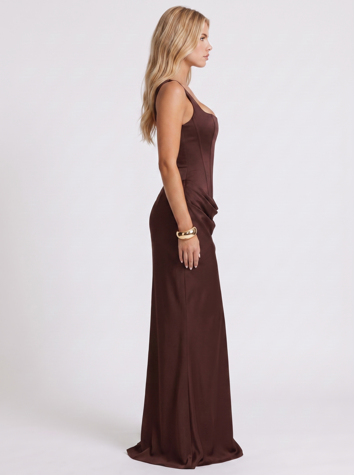 Women brown corset maxi dress with square neckline and draped hip