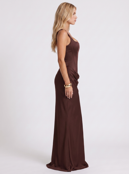 Women brown corset maxi dress with square neckline and draped hip