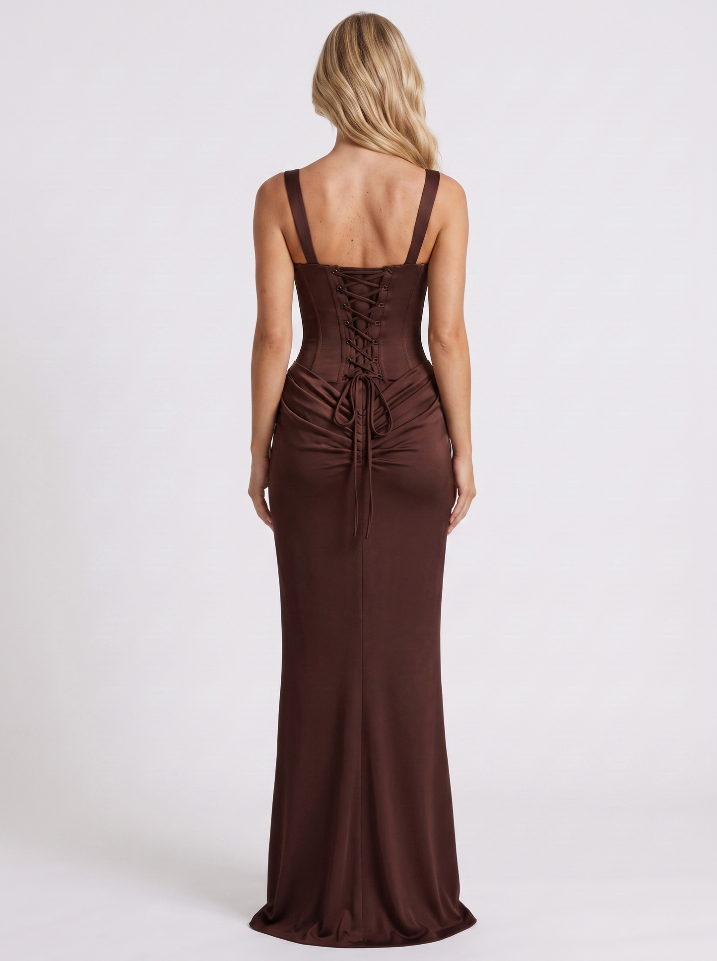 Women brown corset maxi dress with square neckline and draped hip