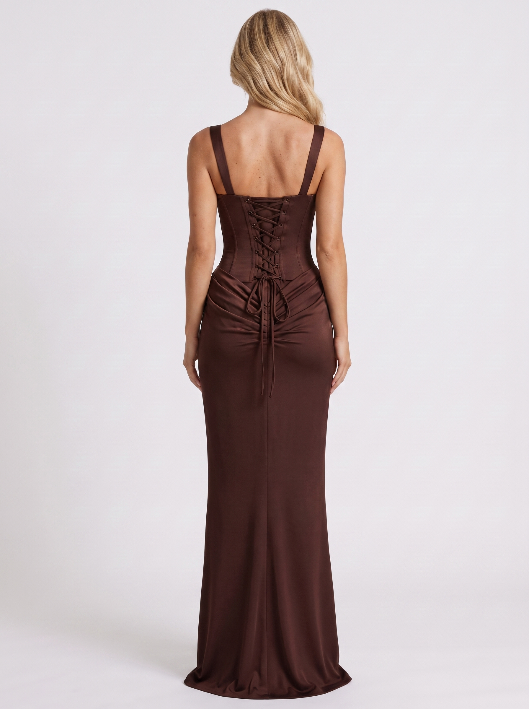 Women brown corset maxi dress with square neckline and draped hip