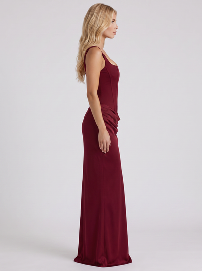 Women burgundy corset maxi dress with square neckline and draped hip