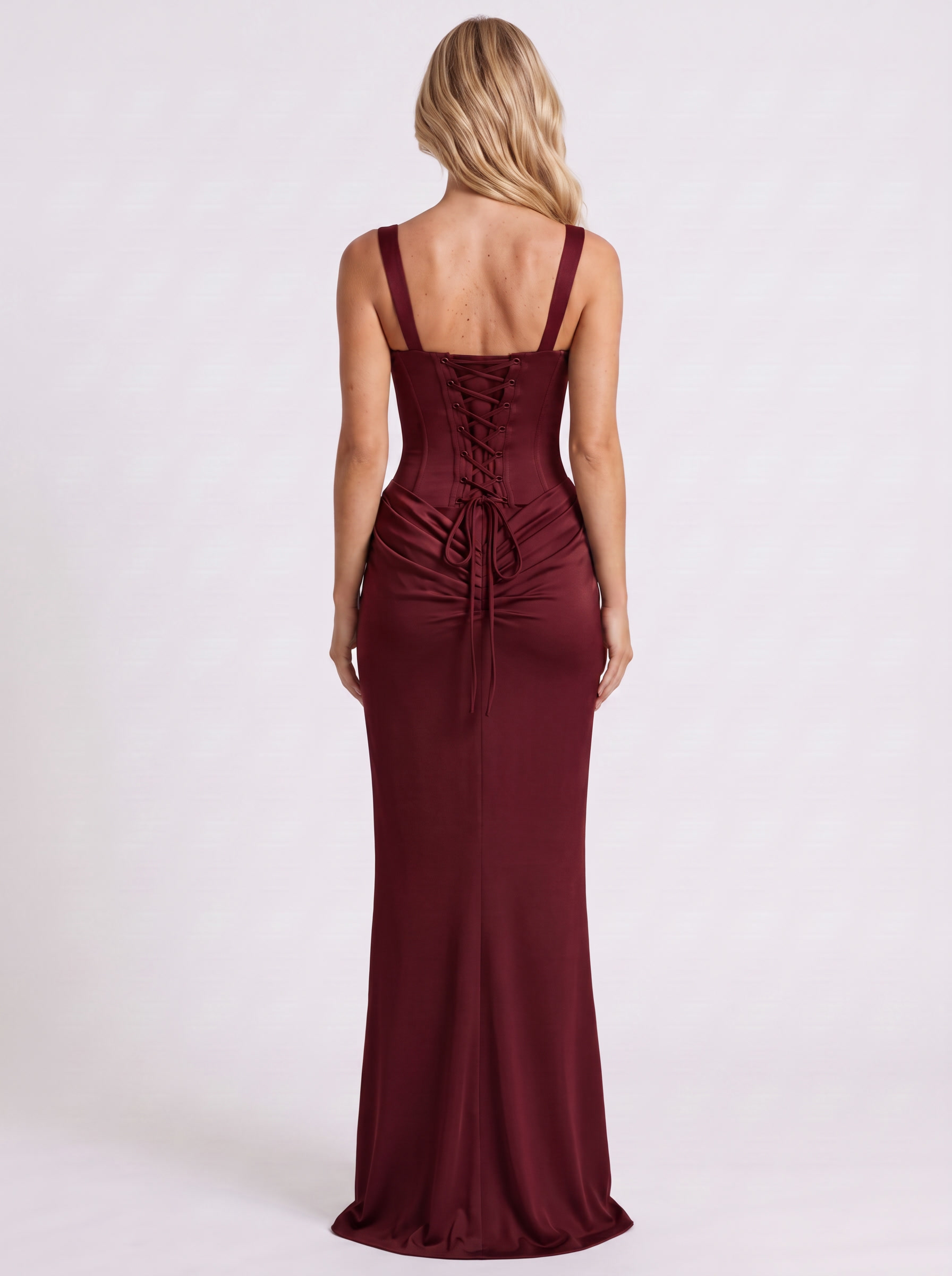 Women burgundy corset maxi dress with square neckline and draped hip