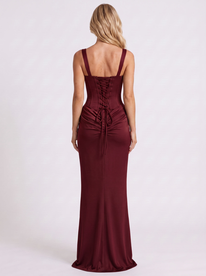 Women burgundy corset maxi dress with square neckline and draped hip