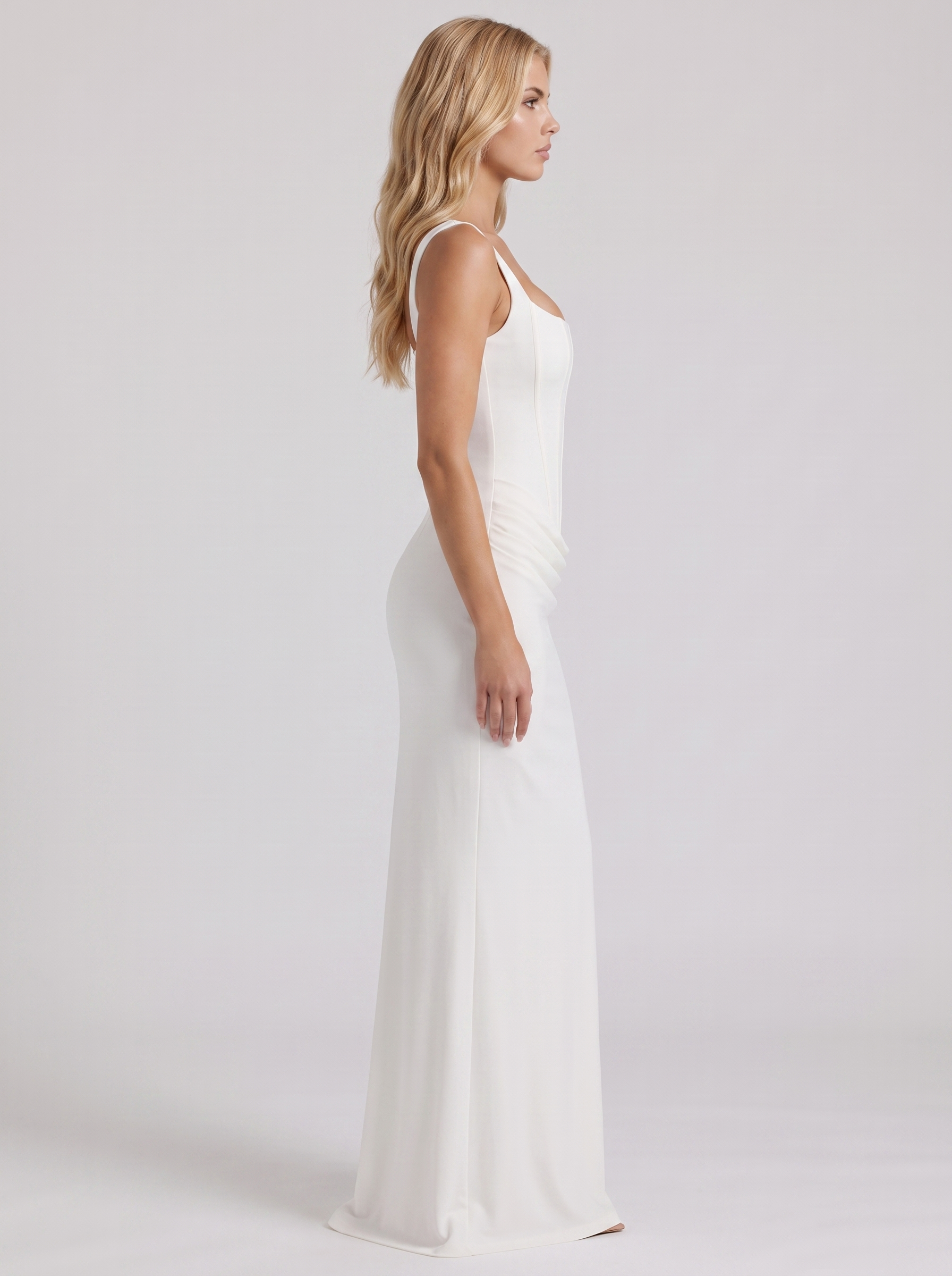 Women white corset maxi dress with square neckline and draped hip