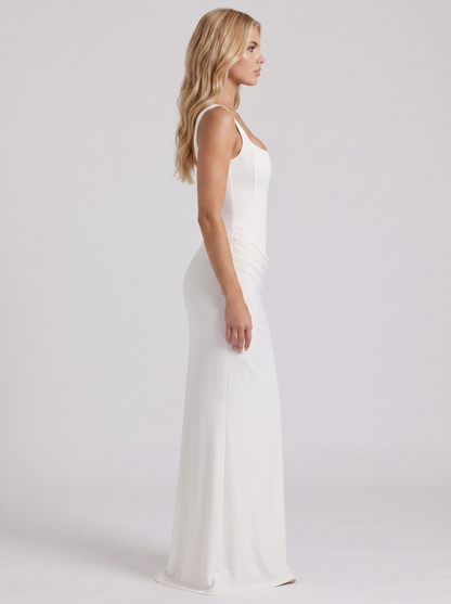 Women white corset maxi dress with square neckline and draped hip