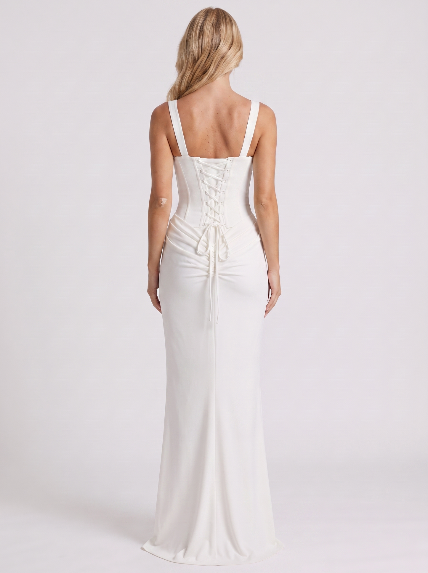 Women white corset maxi dress with square neckline and draped hip
