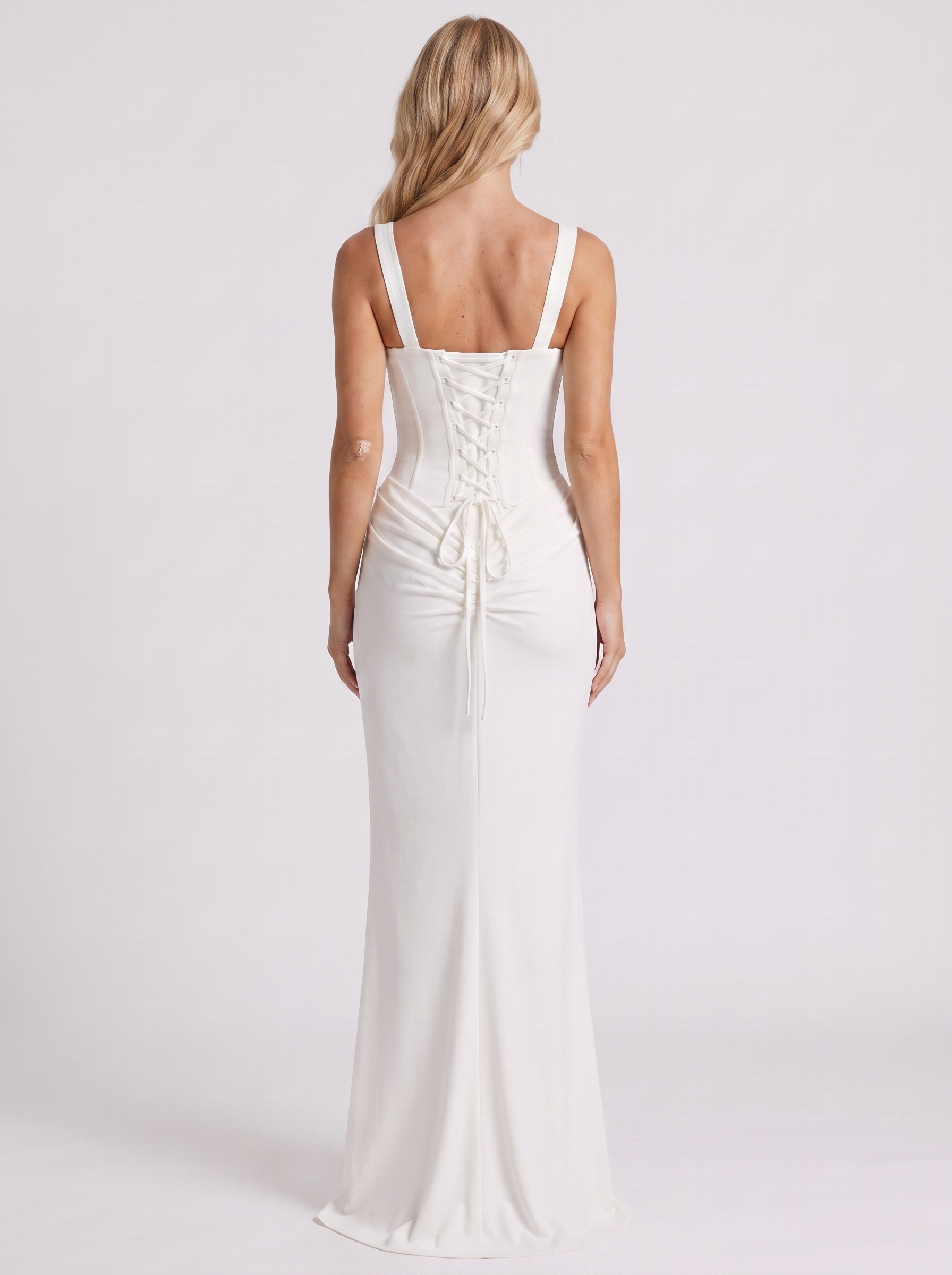 Women white corset maxi dress with square neckline and draped hip