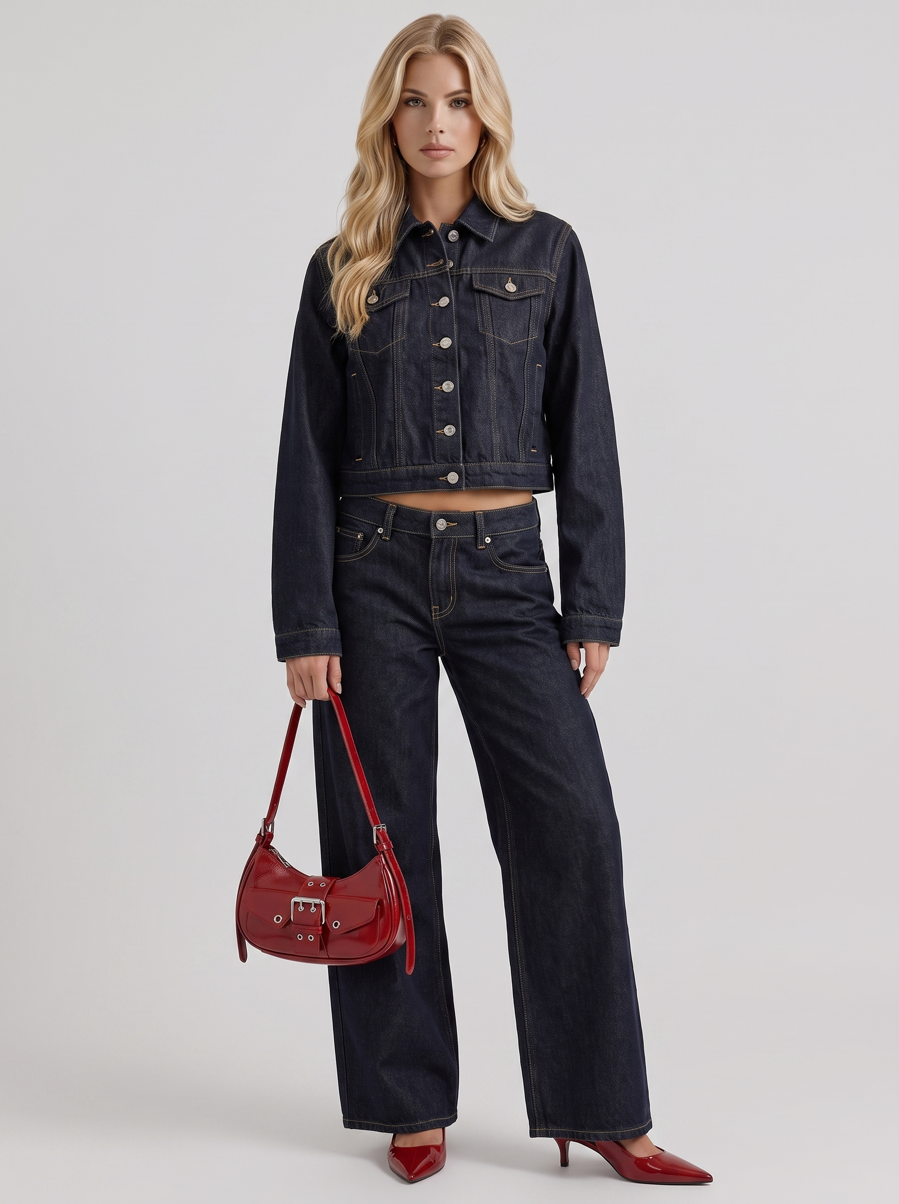 Women indigo cropped denim trucker jacket with contrast topstitching and flap pockets, front view