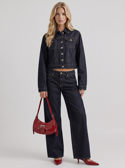 Women indigo cropped denim trucker jacket with contrast topstitching and flap pockets, front view