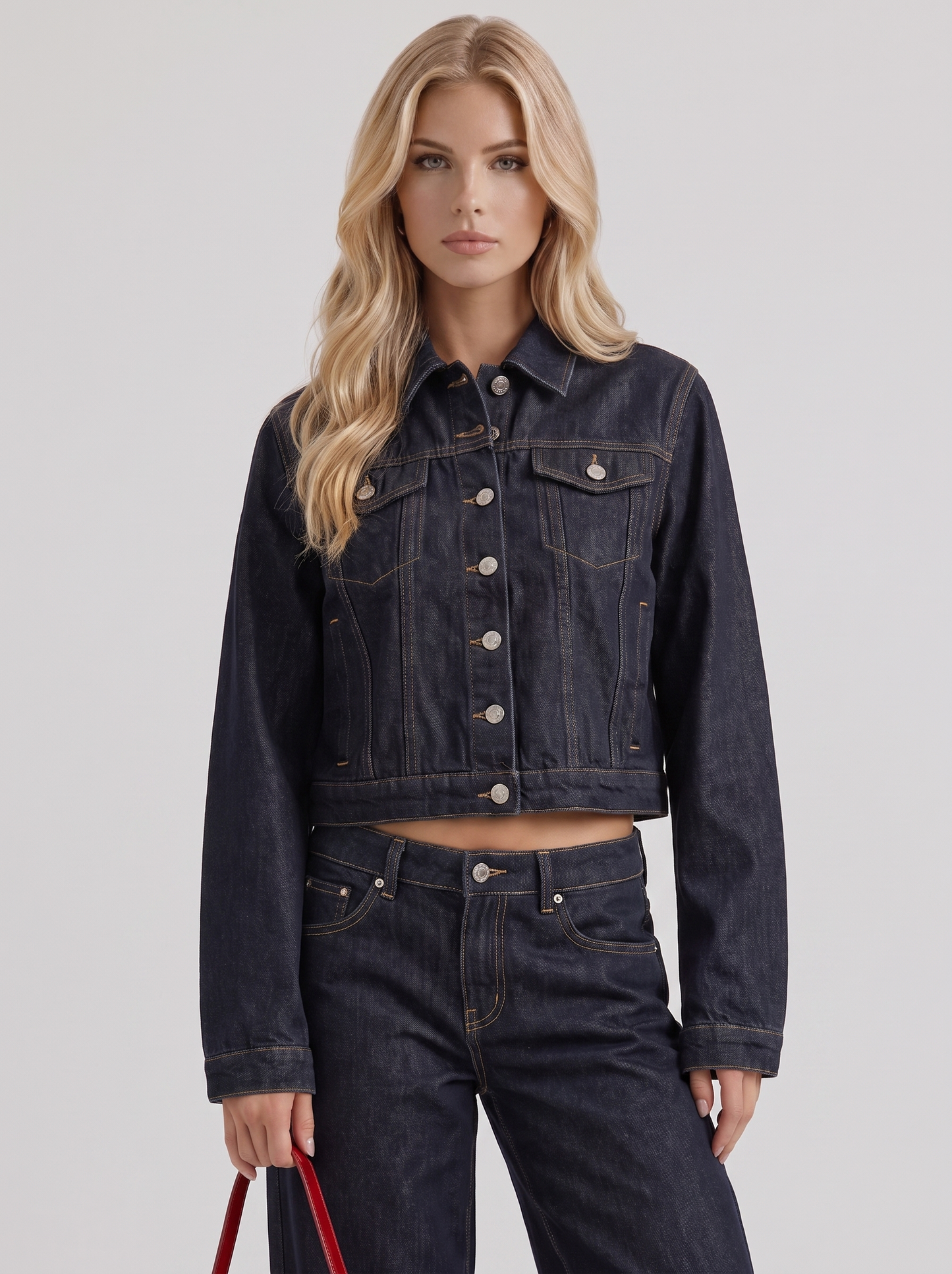 Women indigo cropped denim trucker jacket with contrast topstitching and flap pockets, front detail
