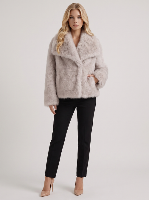 Women beige long pile faux fur jacket with shawl collar and open front, front view