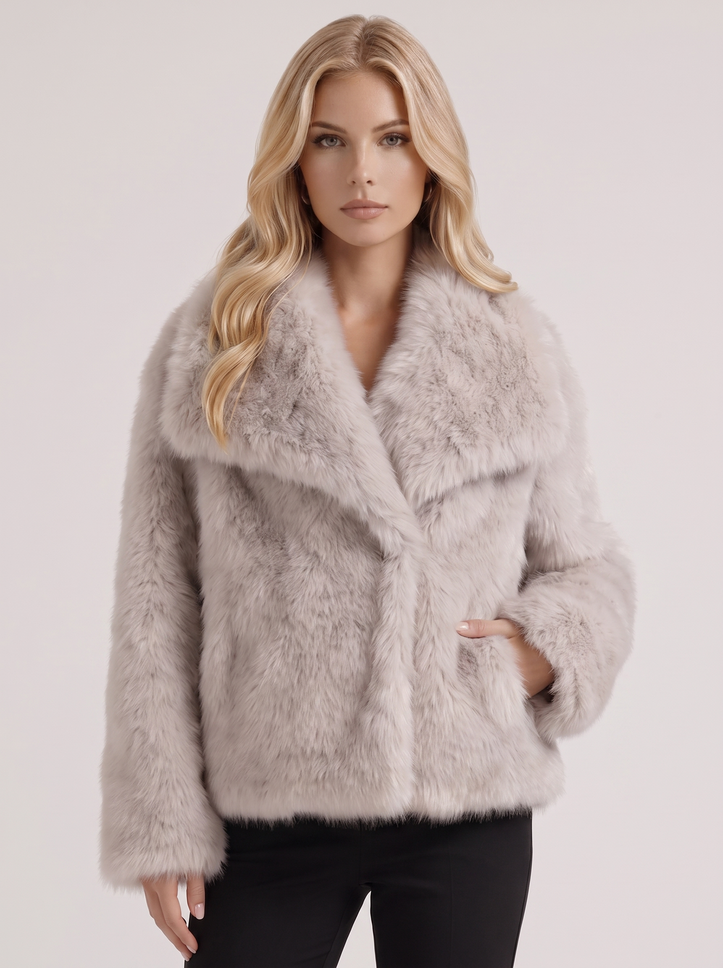 Women beige long pile faux fur jacket with shawl collar and open front, front detail