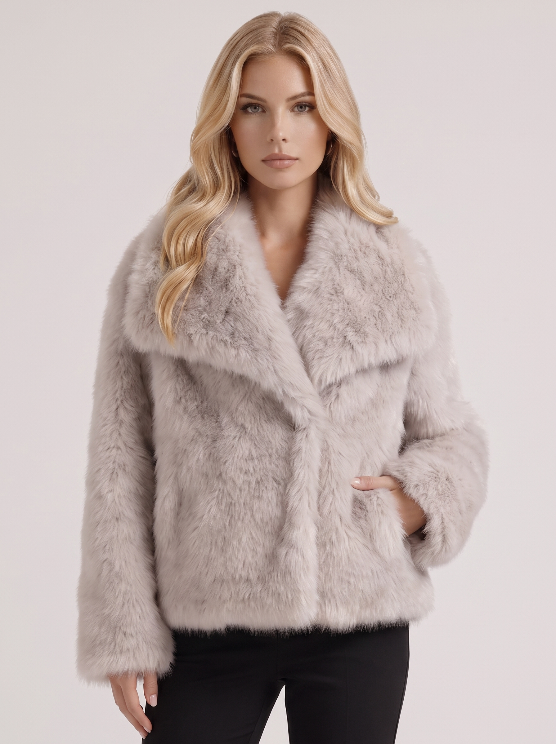 Women beige long pile faux fur jacket with shawl collar and open front, front detail
