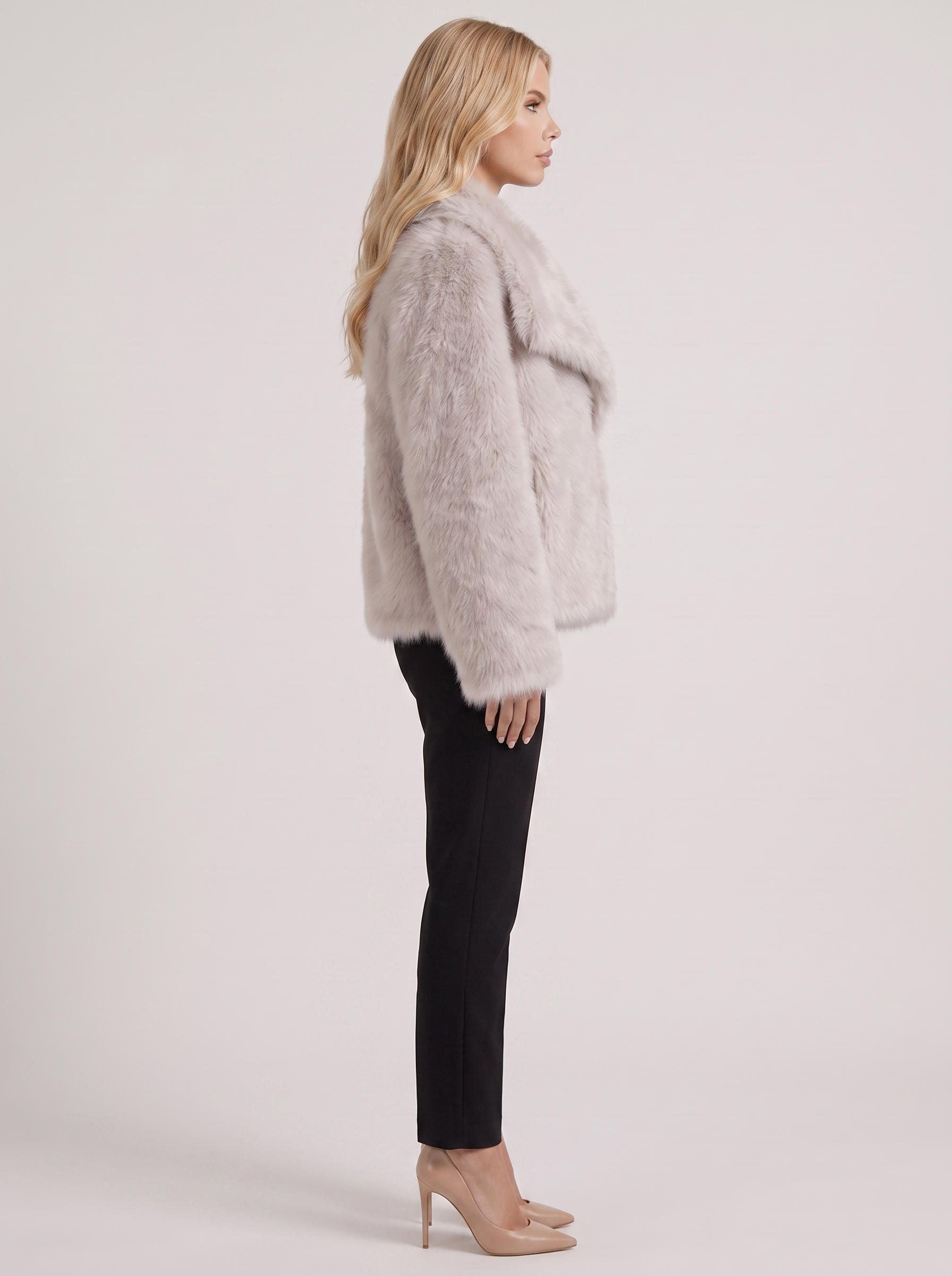 Women beige long pile faux fur jacket with shawl collar and open front, side view