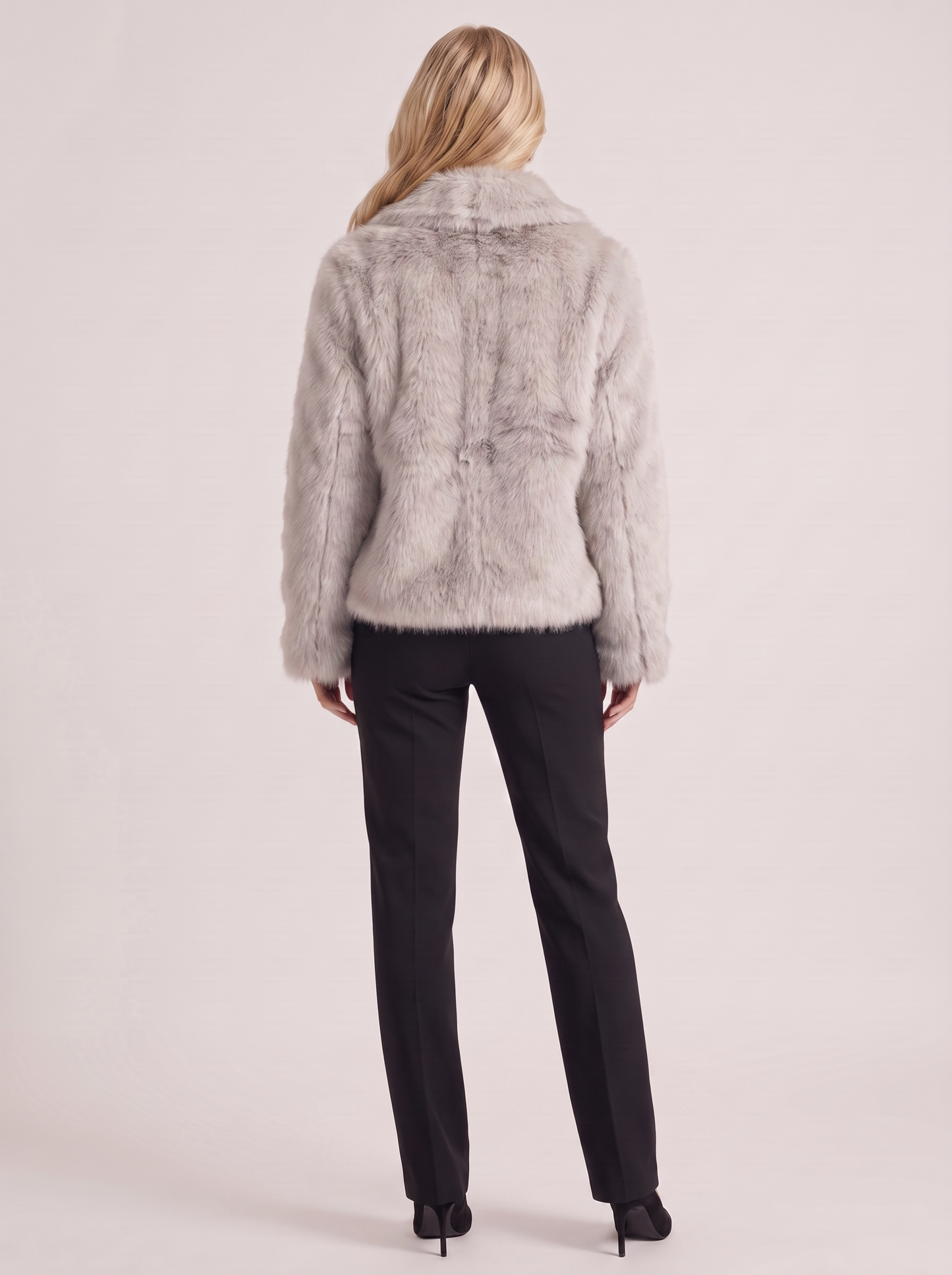Women beige long pile faux fur jacket with shawl collar and open front, back view