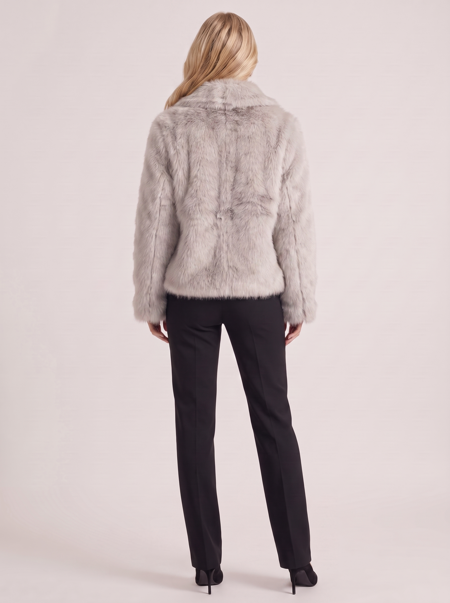 Women beige long pile faux fur jacket with shawl collar and open front, back view