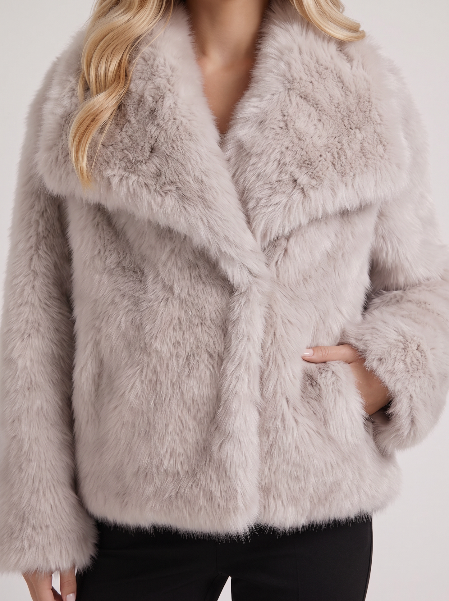 Women beige long pile faux fur jacket with shawl collar and open front, fabric closeup