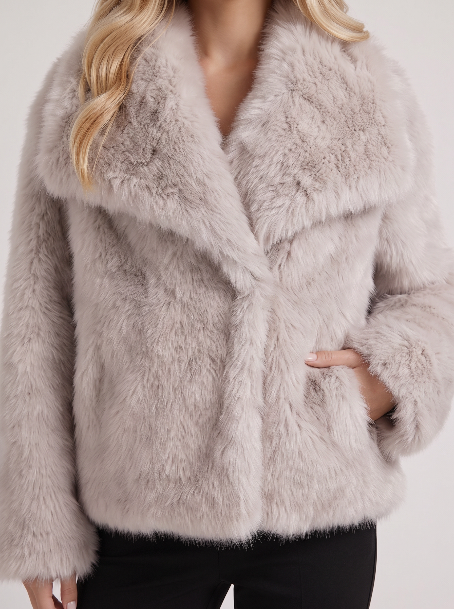 Women beige long pile faux fur jacket with shawl collar and open front, fabric closeup