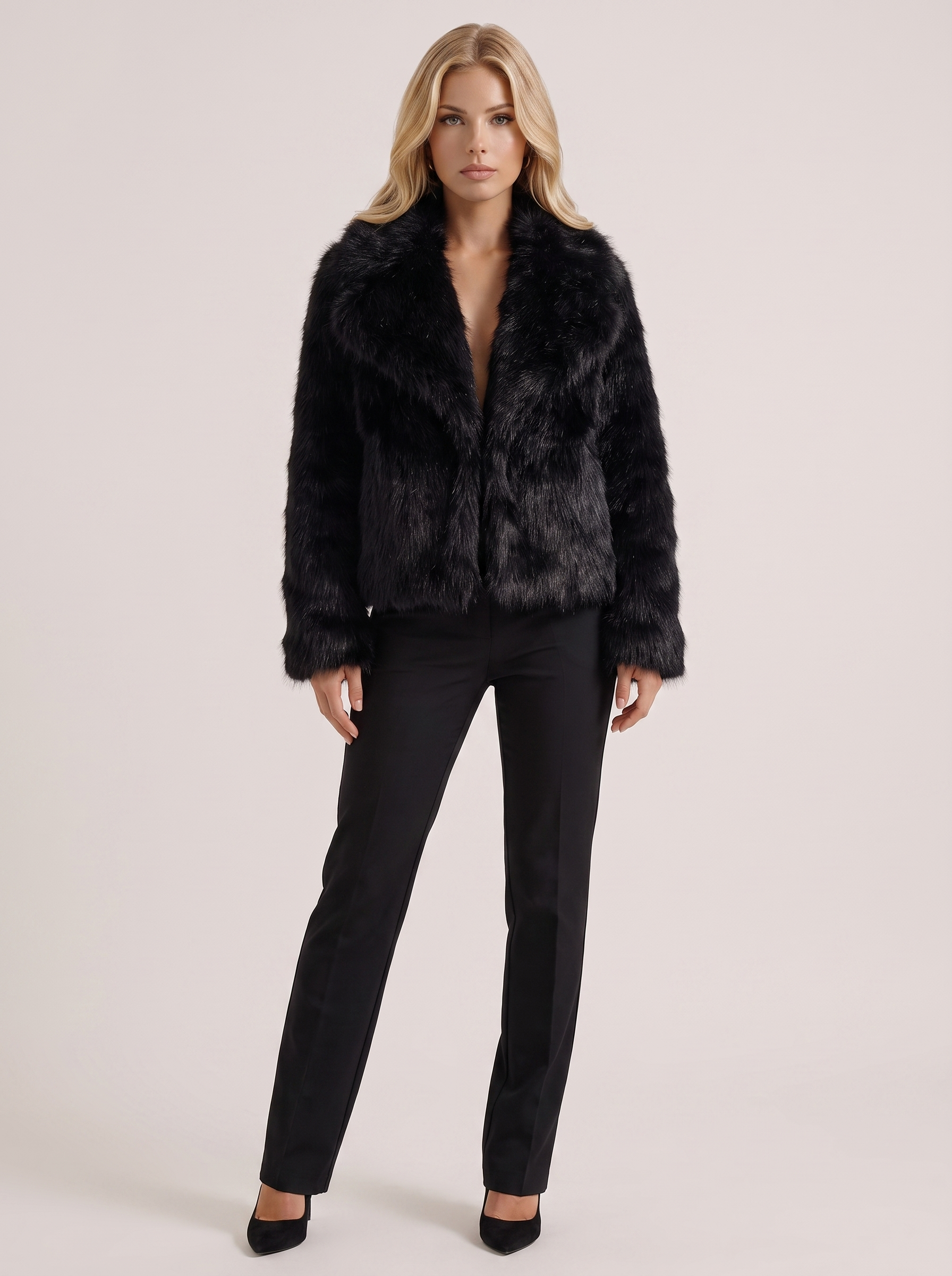 Women black long pile faux fur jacket with shawl collar and open front, front view