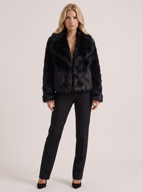 Women black long pile faux fur jacket with shawl collar and open front, front view