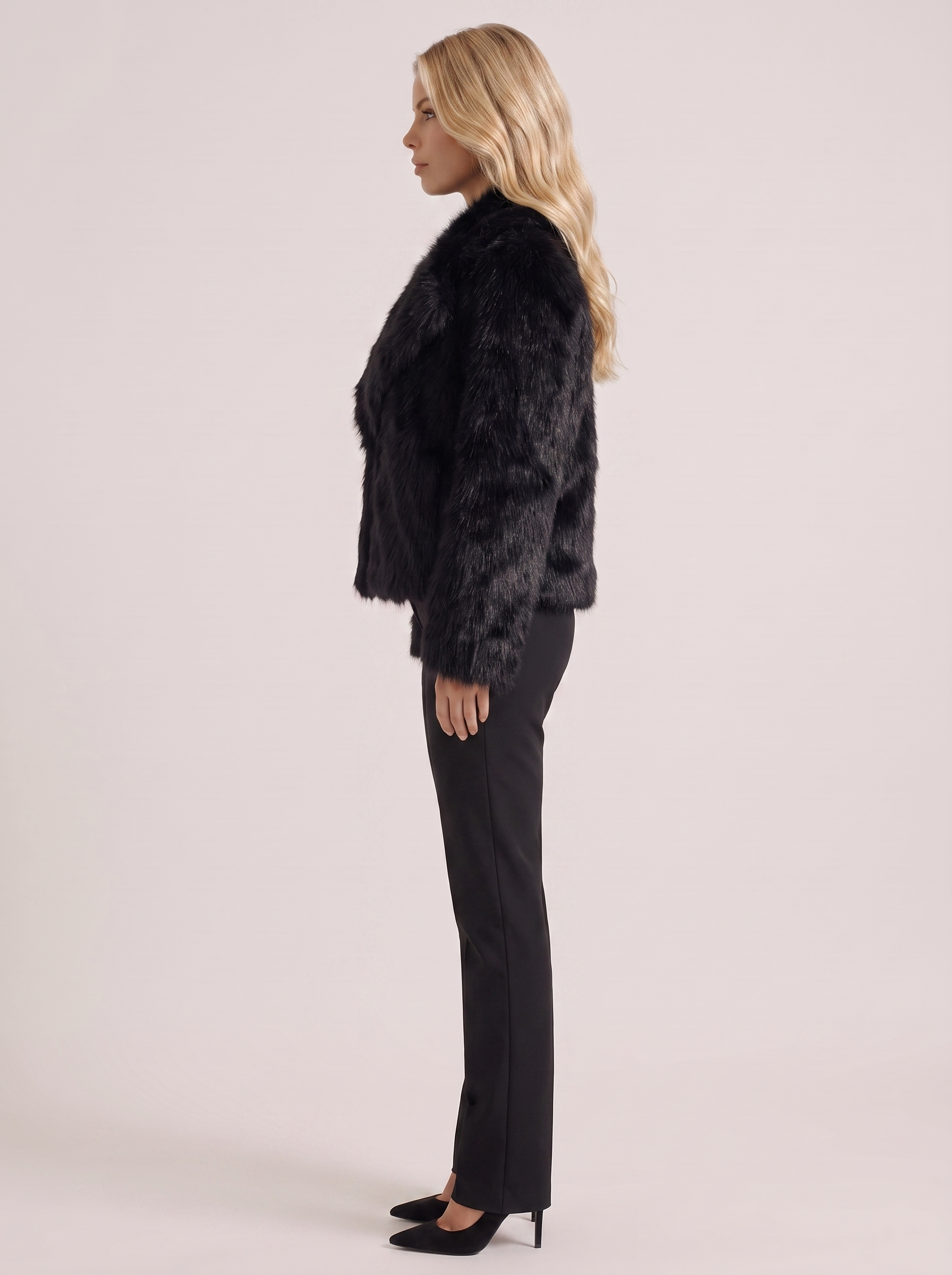 Women black long pile faux fur jacket with shawl collar and open front, side view