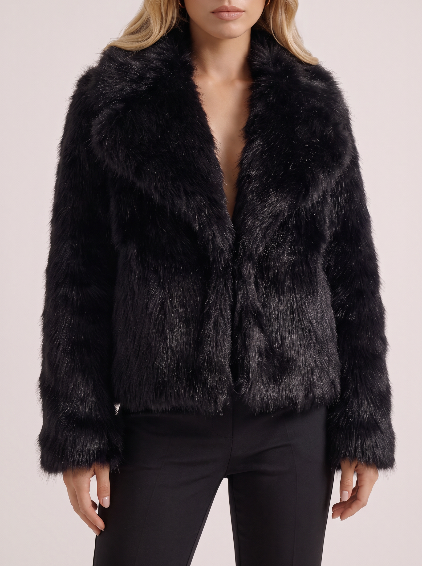 Women black long pile faux fur jacket with shawl collar and open front, fabric closeup