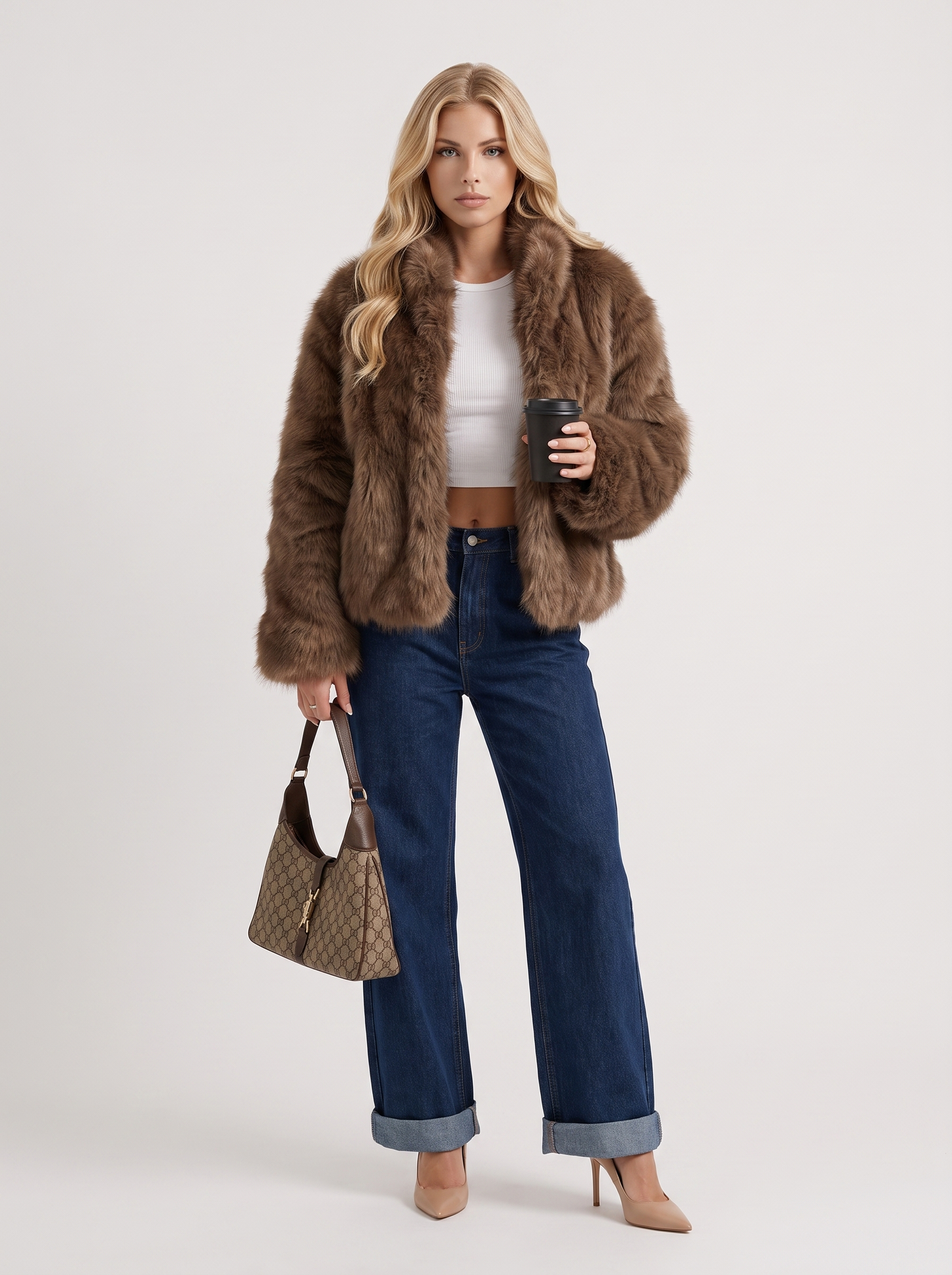 Women brown long pile faux fur jacket with shawl collar and open front, front view