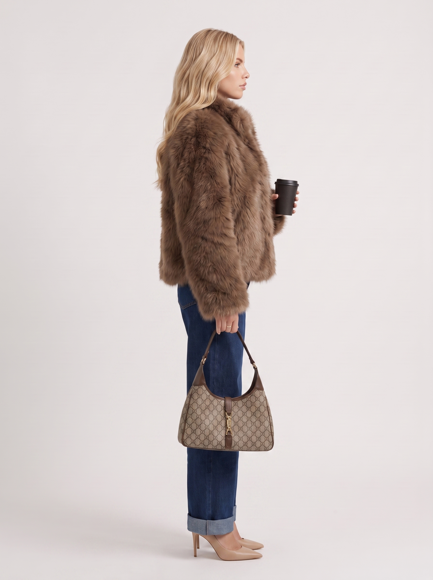 Women brown long pile faux fur jacket with shawl collar and open front, side view