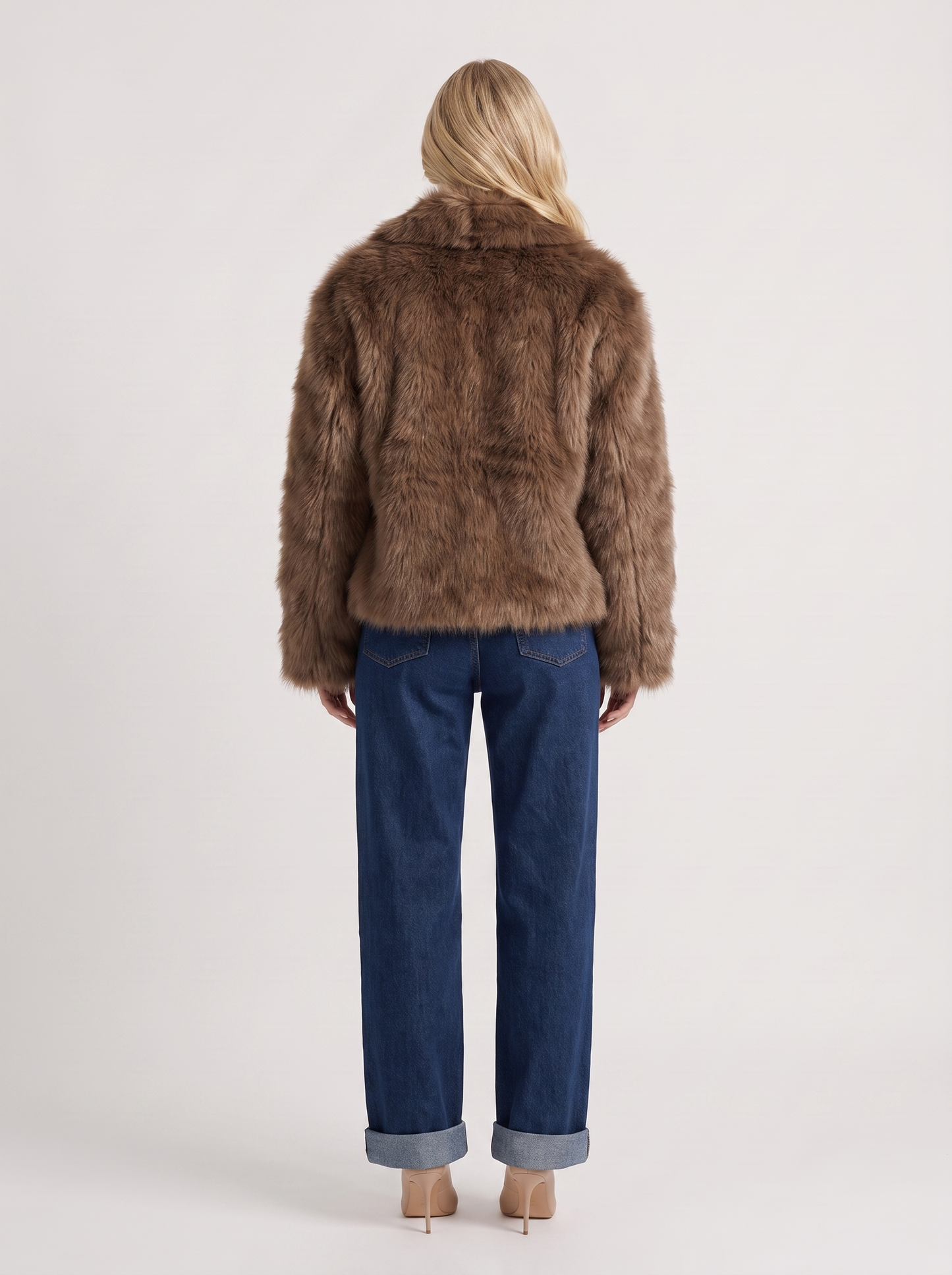 Women brown long pile faux fur jacket with shawl collar and open front, back view