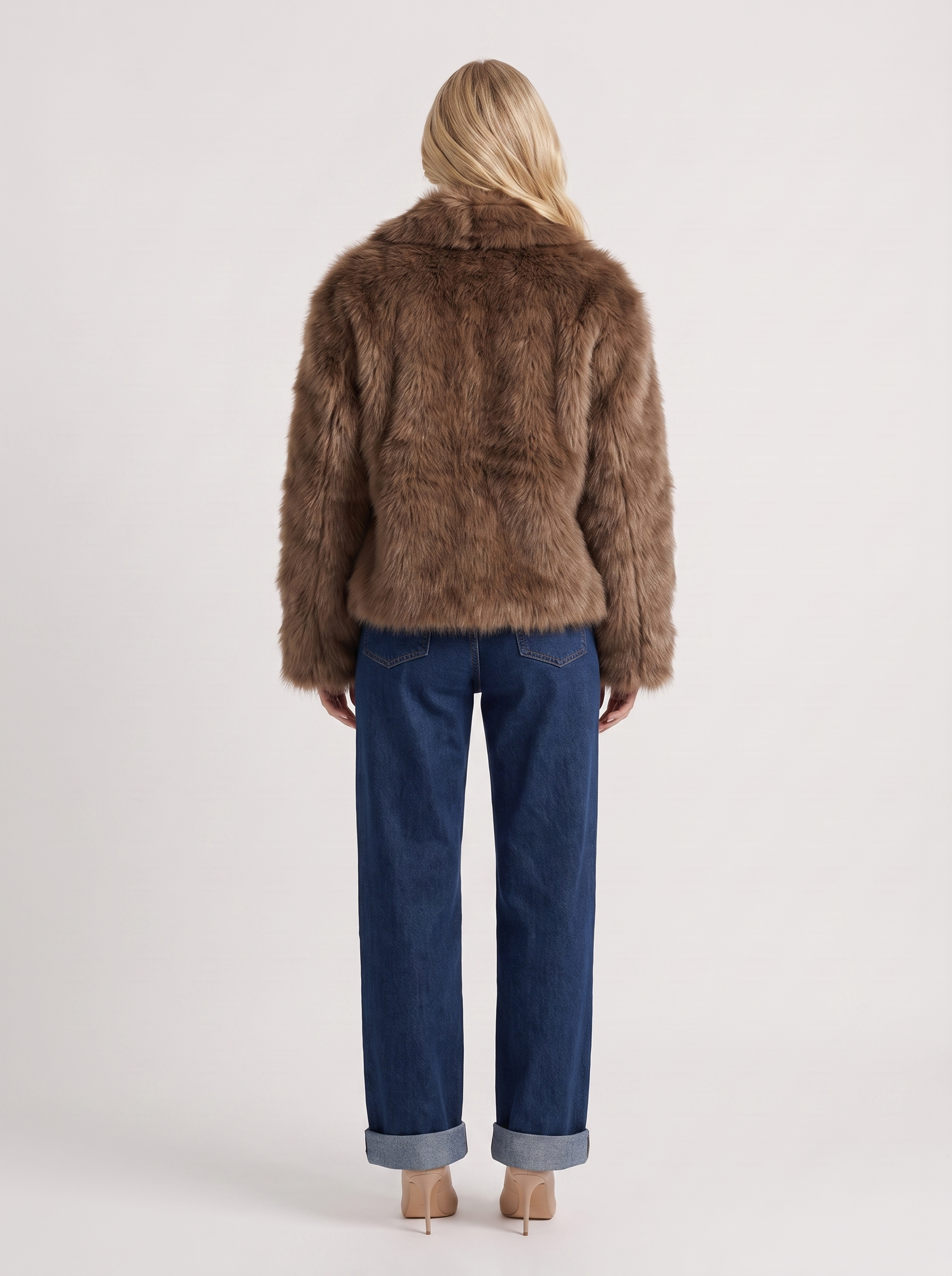 Women brown long pile faux fur jacket with shawl collar and open front, back view
