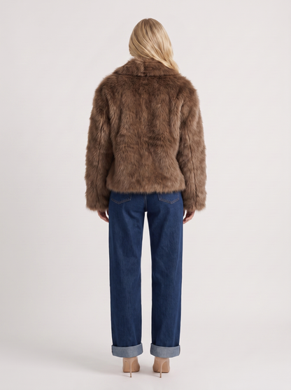 Women brown long pile faux fur jacket with shawl collar and open front, back view