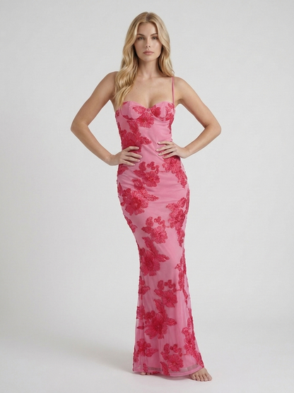 Women pink floral mesh bodycon maxi dress with floral applique and mermaid hem, 45 degree angle