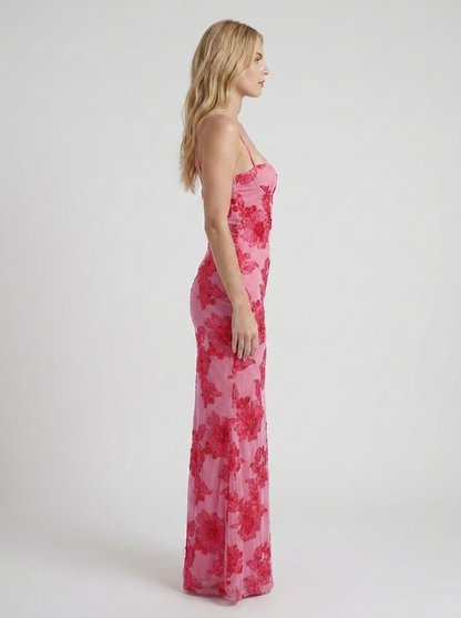 Women pink floral mesh bodycon maxi dress with fitted column silhouette, side profile
