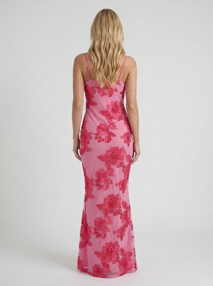 Women pink floral mesh bodycon maxi dress with open back and spaghetti straps, back view