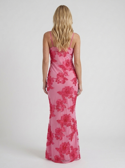 Women pink floral mesh bodycon maxi dress with open back and spaghetti straps, back view