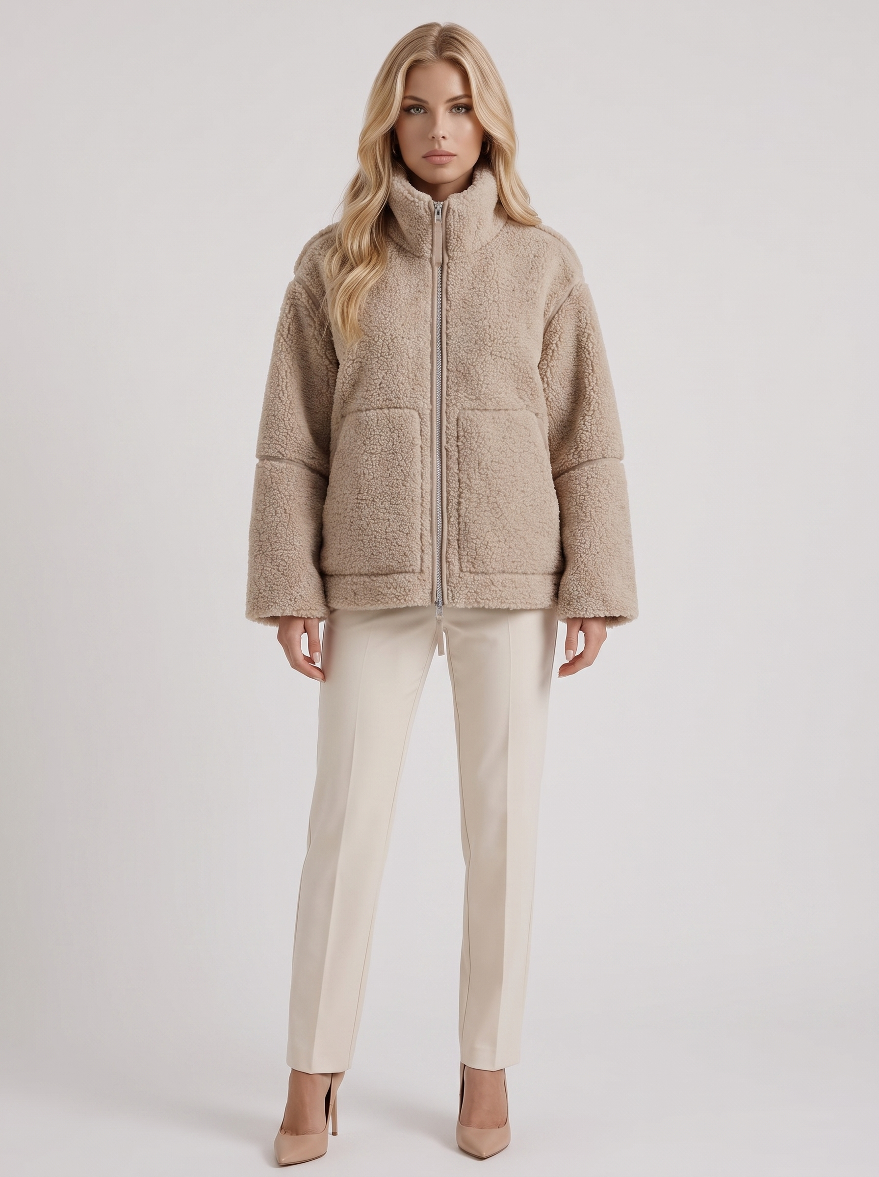 Women beige oversized teddy borg jacket with stand collar and two way zip, front view