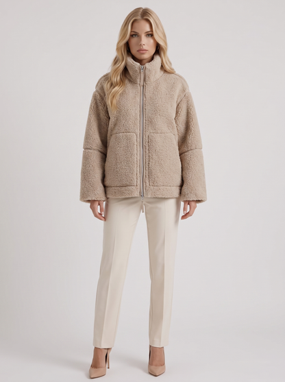 Women beige oversized teddy borg jacket with stand collar and two way zip, front view