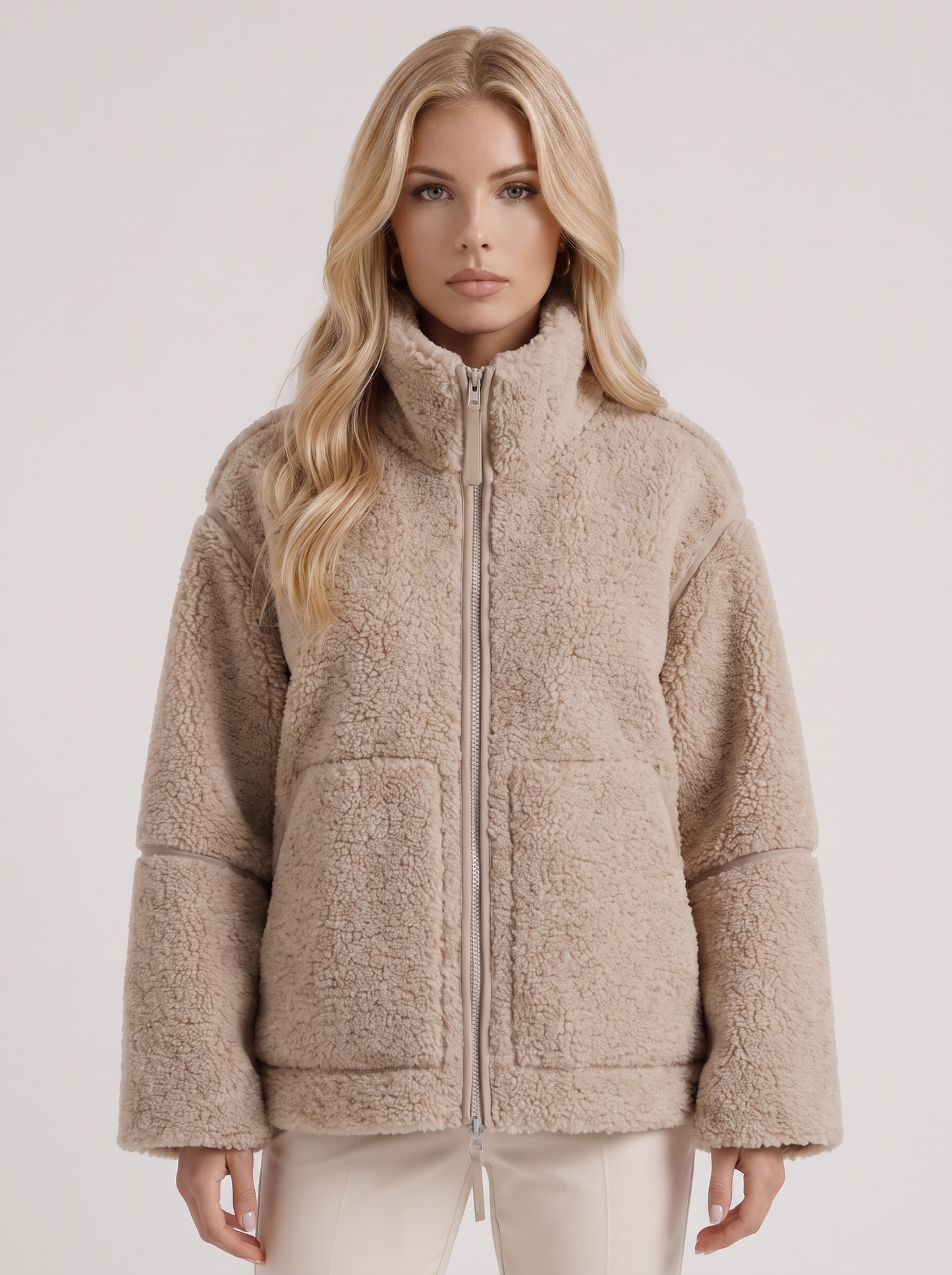Women beige oversized teddy borg jacket with stand collar and two way zip, front detail