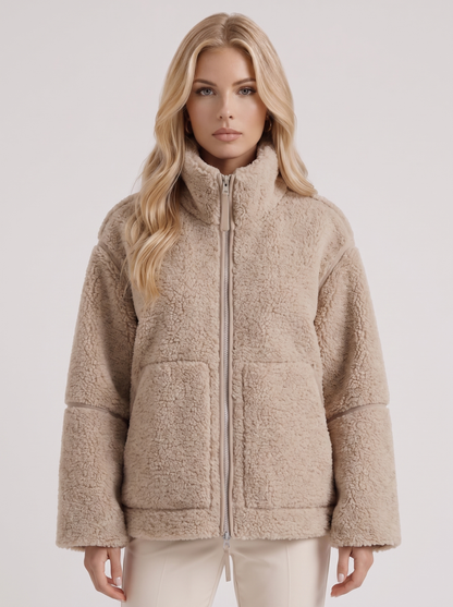 Women beige oversized teddy borg jacket with stand collar and two way zip, front detail