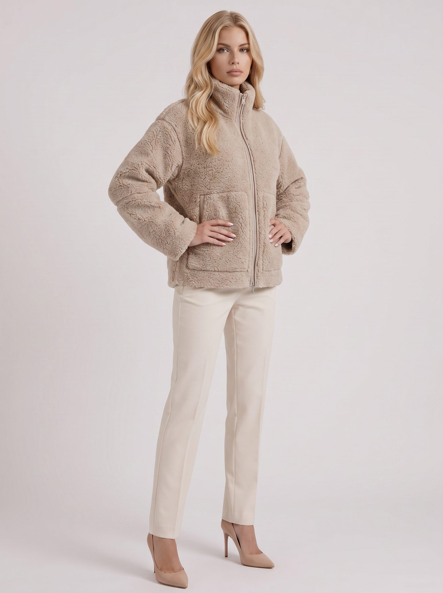 Women beige oversized teddy borg jacket with stand collar and two way zip, three quarter view