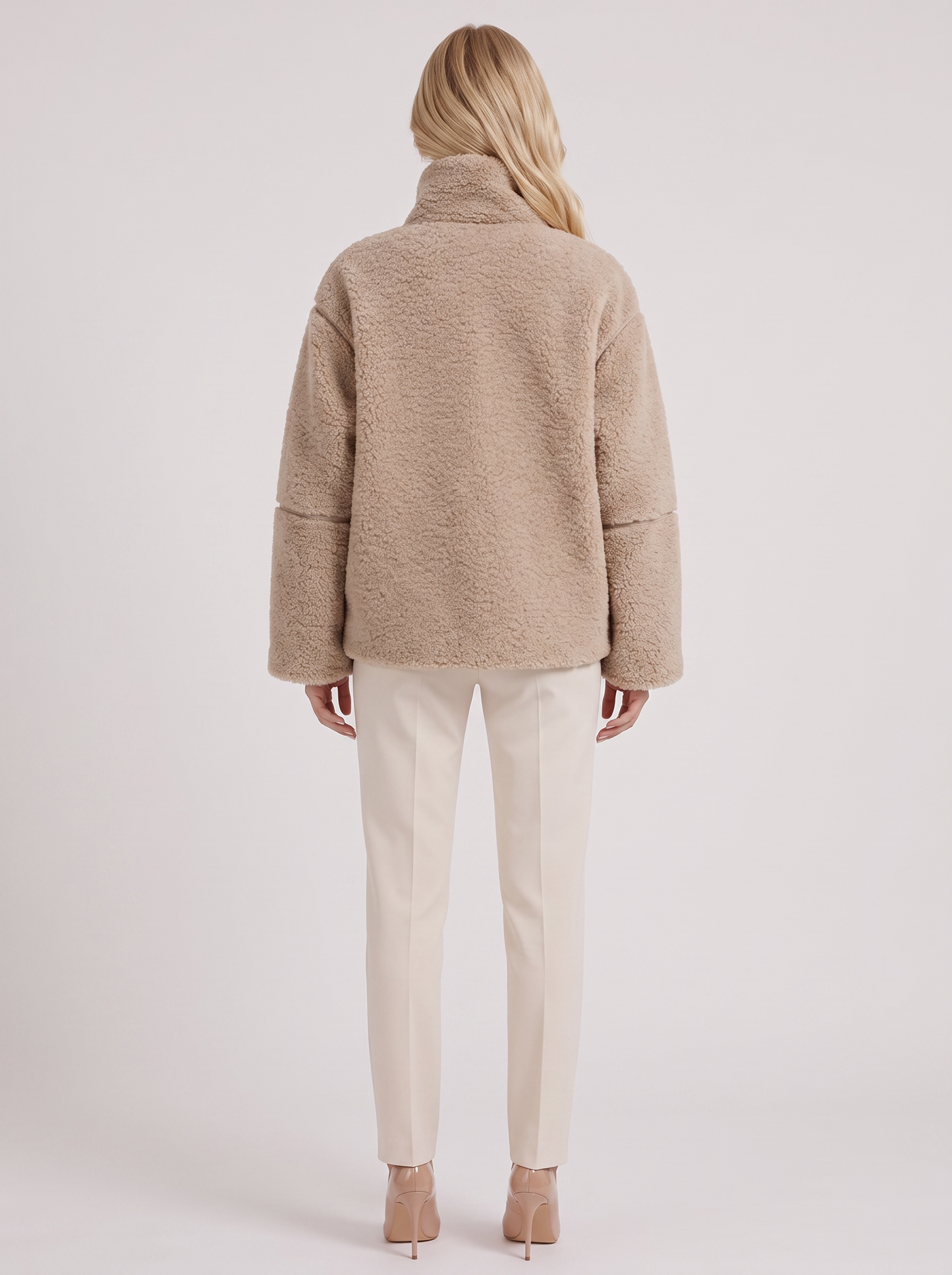 Women beige oversized teddy borg jacket with stand collar and two way zip, back view